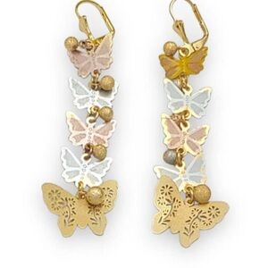 Tri-color butterfly lever-back 18k of gold plated earrings